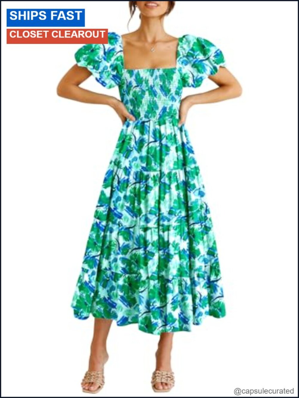 Smocked Midi Dress Square Neck Puff Sleeve A-Line Summer Wedding Guest
